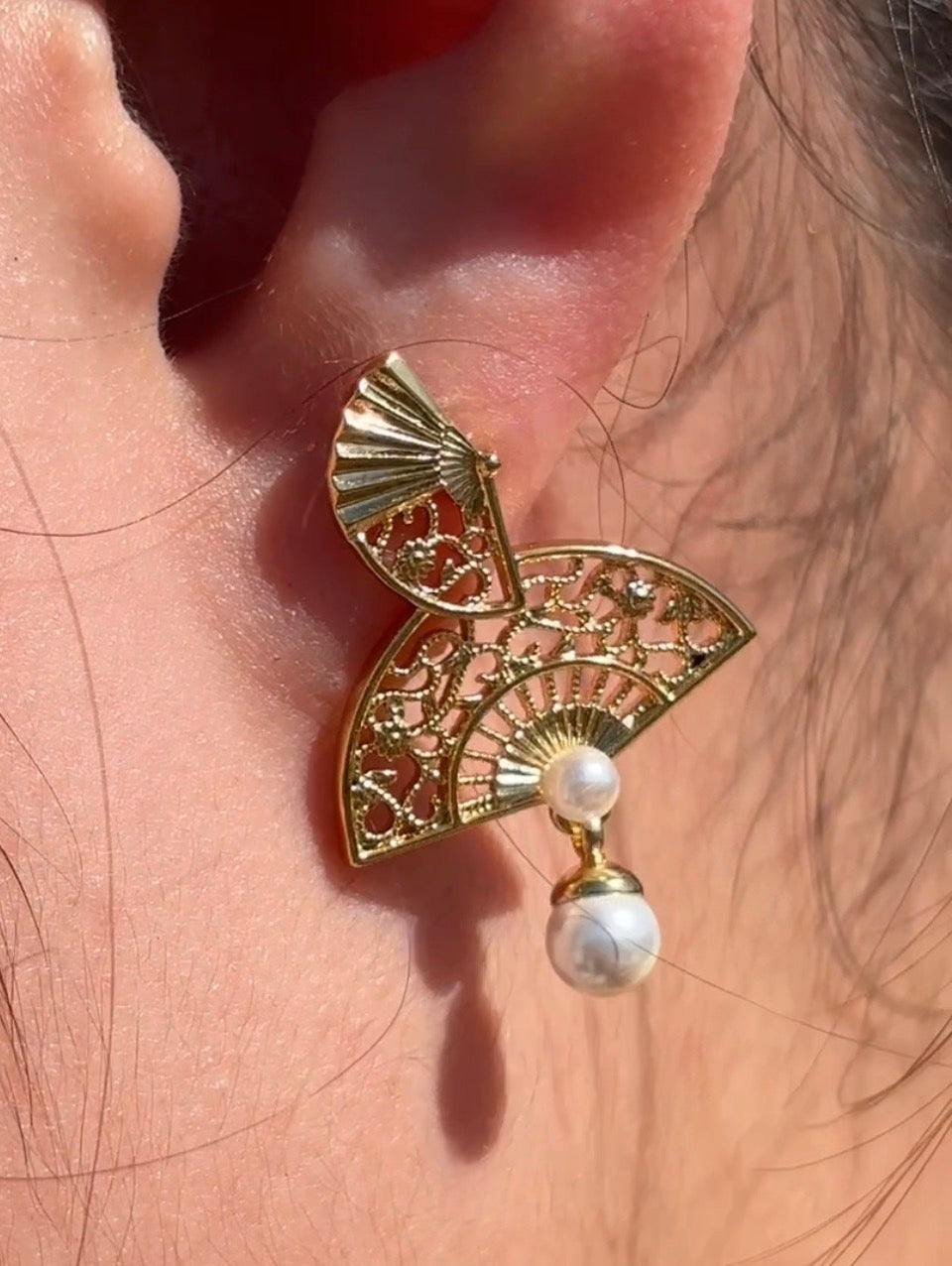 18K Gold-Plated Double Fan Imitation Pearl Dangle Earrings