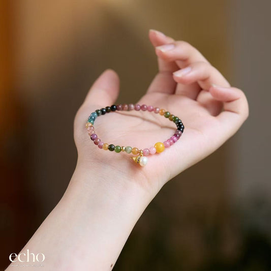 Natural Rainbow Tourmaline Beaded Stretch Bracelet
