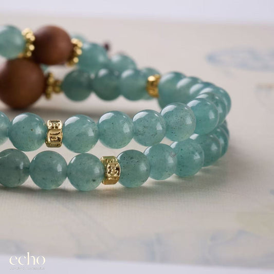 Natural Blue Water Chalcedony (Blue Agate) & Sandalwood Double-Wrap Bracelet