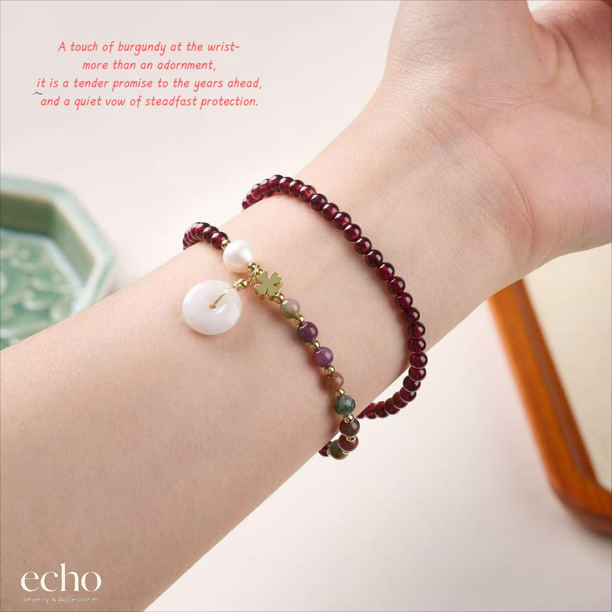 Natural Garnet Double-Wrap Bracelet with Tourmaline & Jade Peace Disc