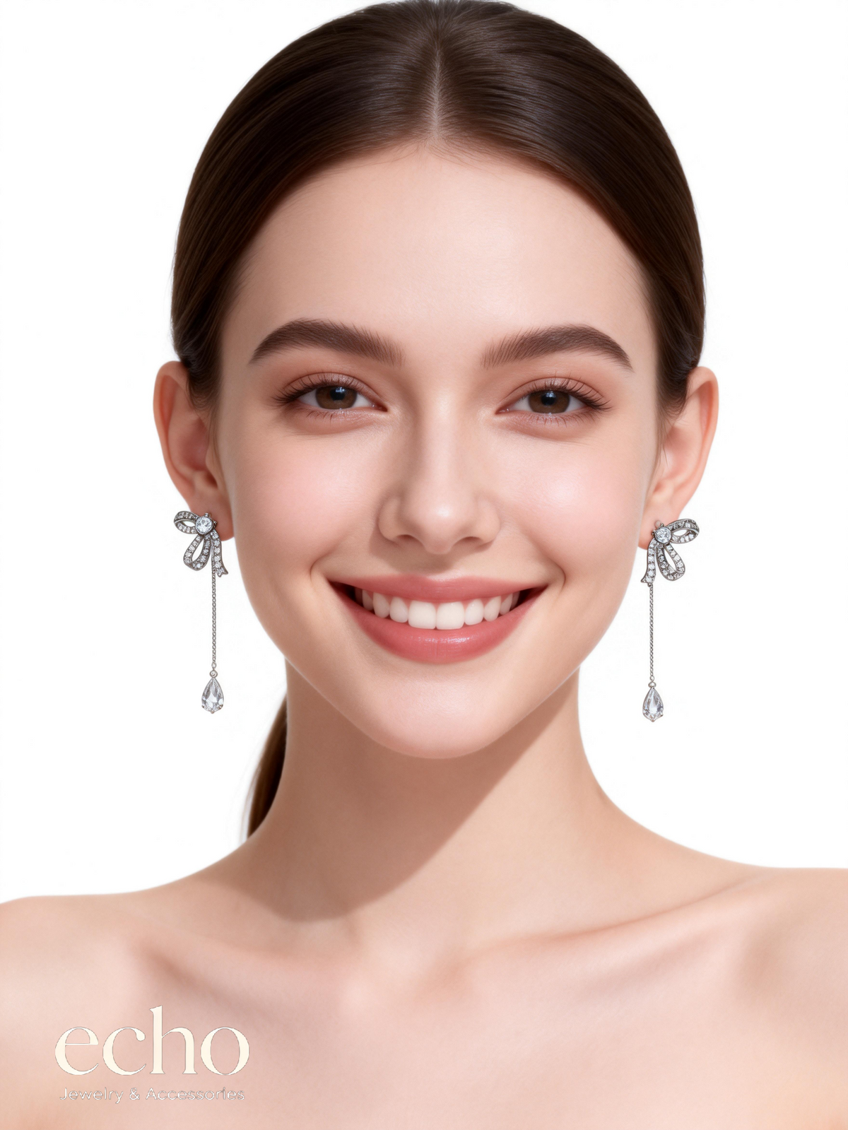 Silver-Plated CZ Bow Stud & Snake-Chain Dangle Earrings