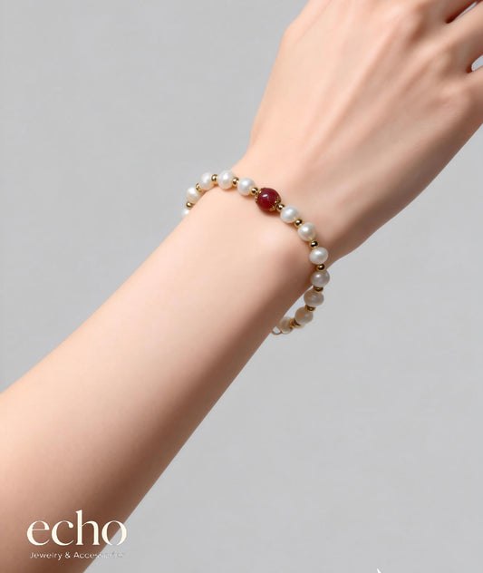 Natural Freshwater Cultured Pearl & Natural Red Agate Bracelet