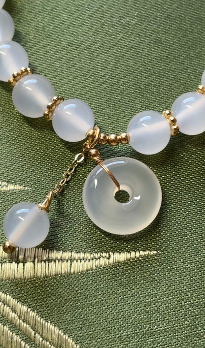 Natural Pink Chalcedony (Pink Agate) Beaded Stretch Bracelet with Peace Buckle