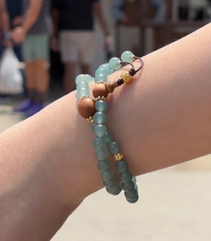 Natural Blue Water Chalcedony (Blue Agate) & Sandalwood Double-Wrap Bracelet