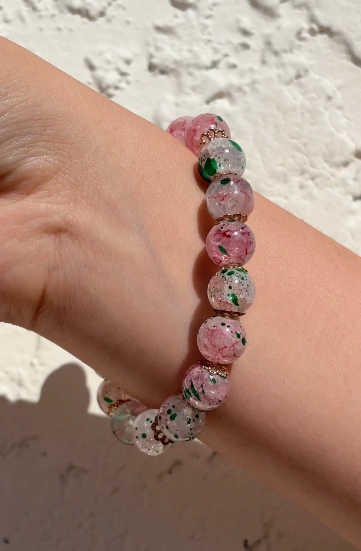 Handmade Pink Floral Resin Bead Stretch Bracelet