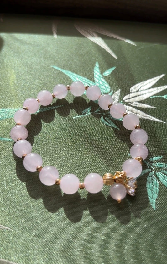 Natural Rose Quartz Stretch Bracelet with Lotus Charm & Crystal Drop