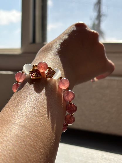 Natural Strawberry Quartz & Natural Moonstone Beaded Stretch Bracelet