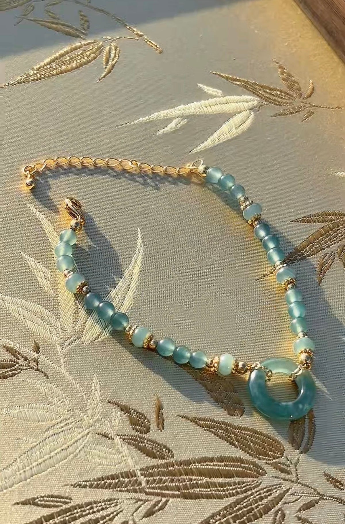 Natural Blue Water Jadeite Beaded Bracelet with Peace Buckle