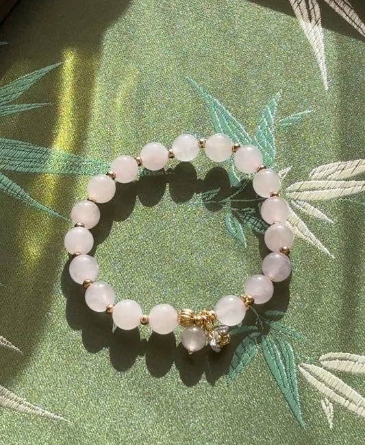 Natural Rose Quartz Stretch Bracelet with Lotus Charm & Crystal Drop
