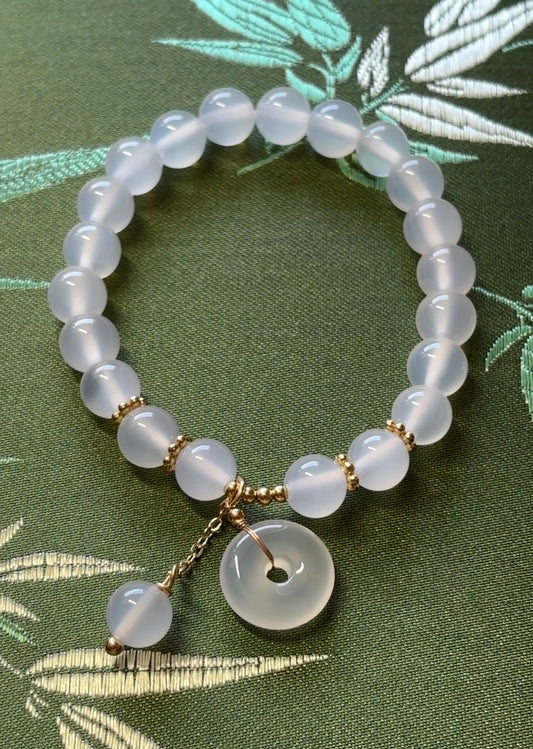 Natural Pink Chalcedony (Pink Agate) Beaded Stretch Bracelet with Peace Buckle