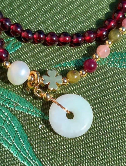 Natural Garnet Double-Wrap Bracelet with Tourmaline & Jade Peace Disc