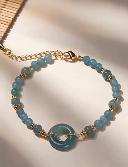 Natural Blue Water Jadeite Beaded Bracelet with Peace Buckle