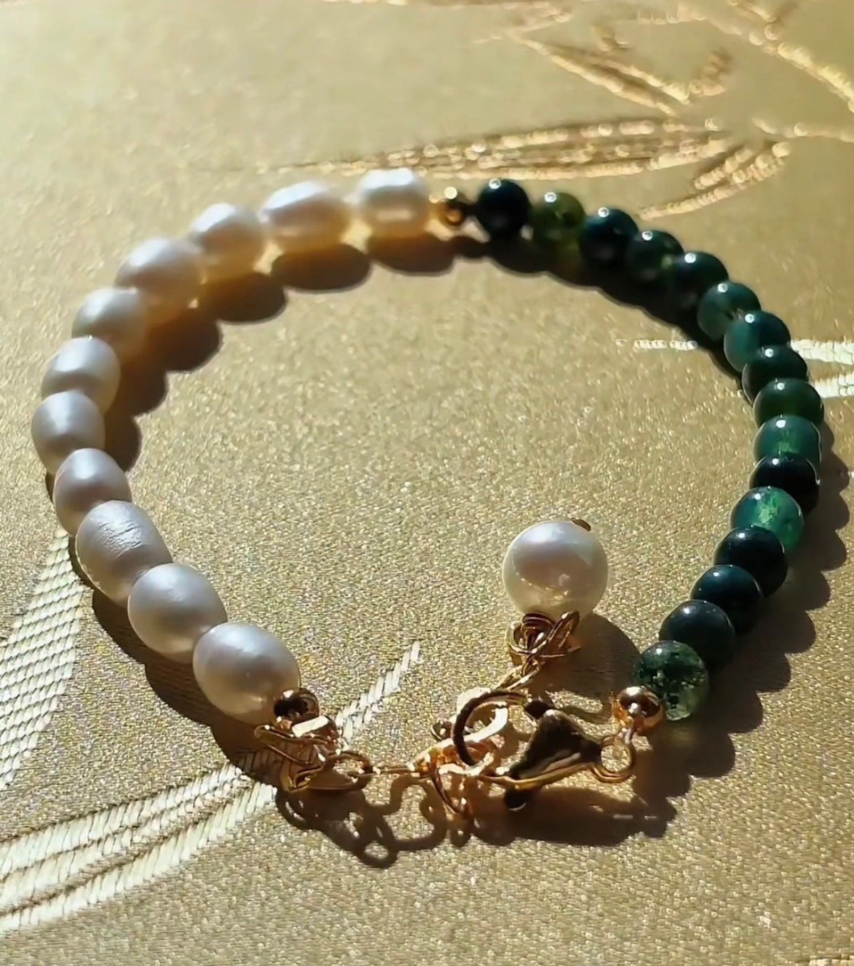 Natural Moss Agate & Freshwater Cultured Pearls Beaded Bracelet