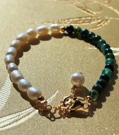 Natural Moss Agate & Freshwater Cultured Pearls Beaded Bracelet