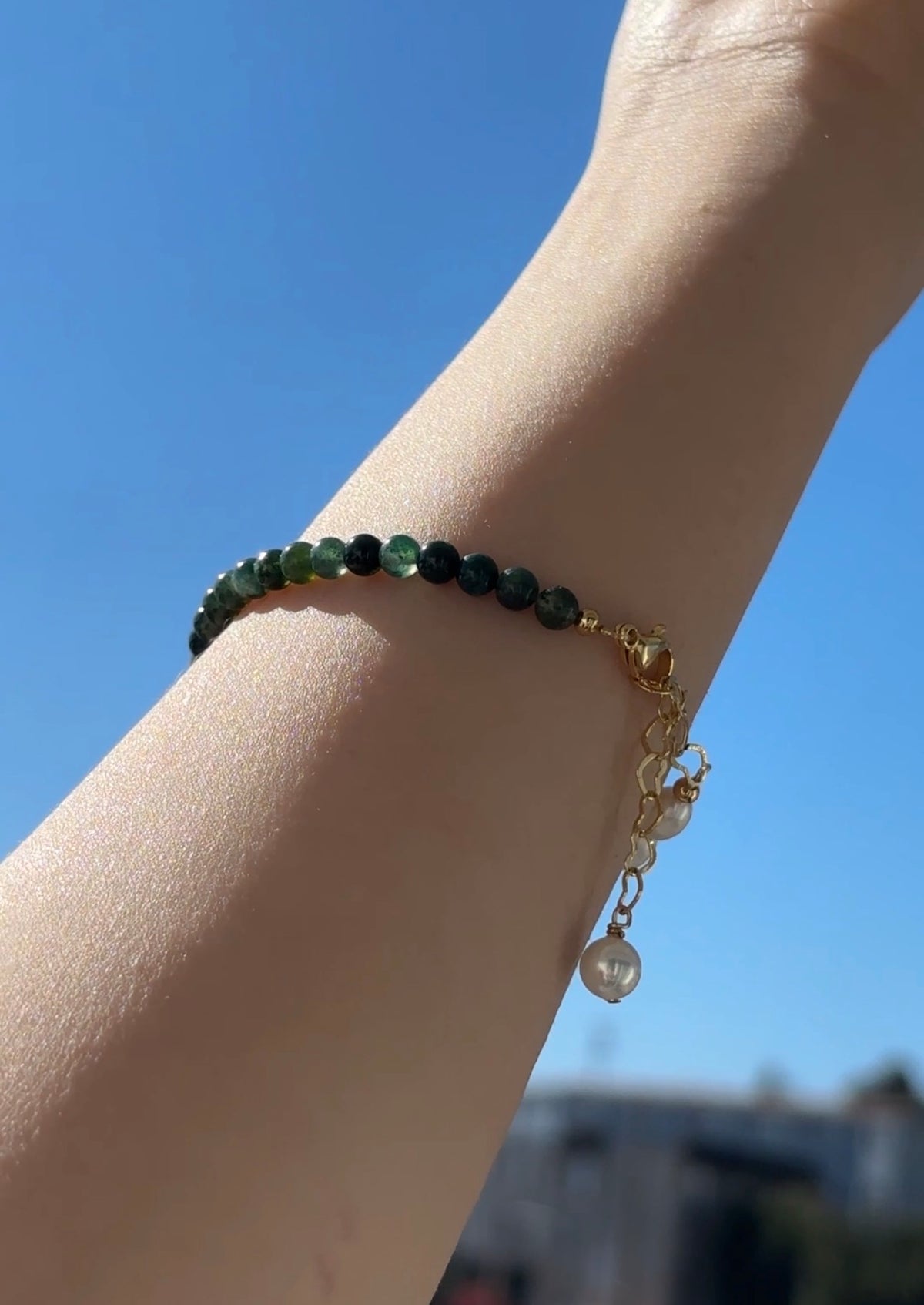 Natural Moss Agate & Freshwater Cultured Pearls Beaded Bracelet