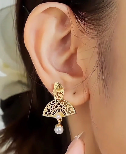 18K Gold-Plated Double Fan Imitation Pearl Dangle Earrings