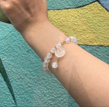Natural Pink Chalcedony (Pink Agate) Beaded Stretch Bracelet with Peace Buckle