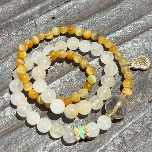Natural Golden Tiger Eye, White Moonstone & Rutilated Quartz Double-Wrap Bracelet