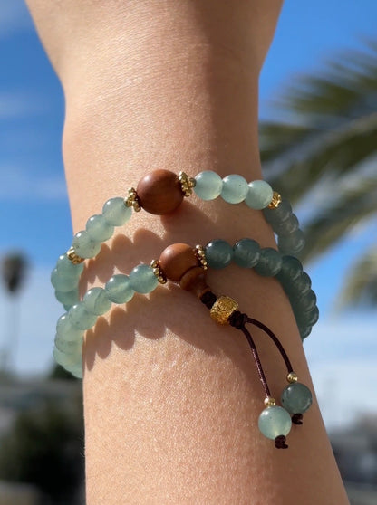 Natural Blue Water Chalcedony (Blue Agate) & Sandalwood Double-Wrap Bracelet