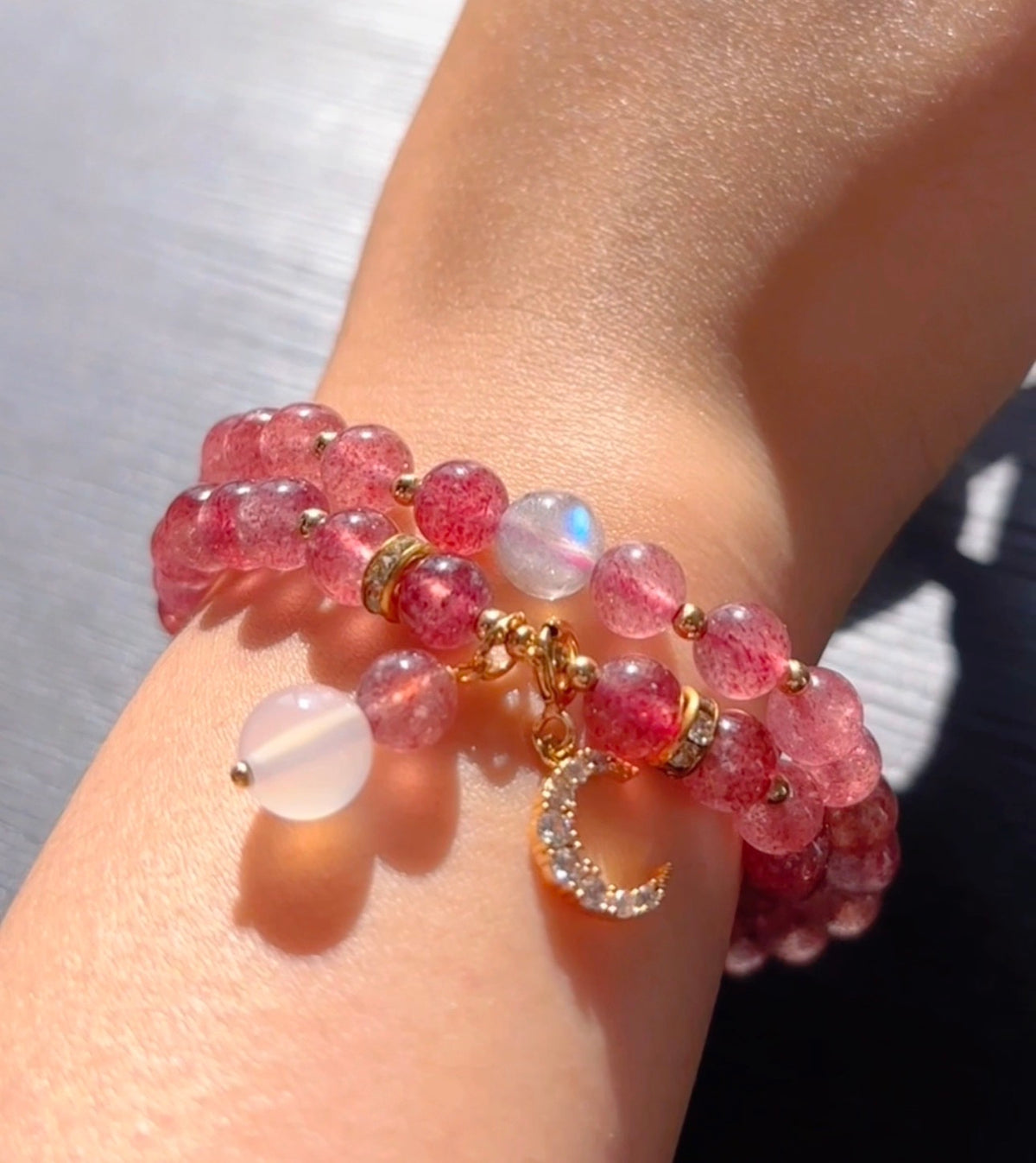 Natural Strawberry Quartz Double-Wrap Beaded Bracelet