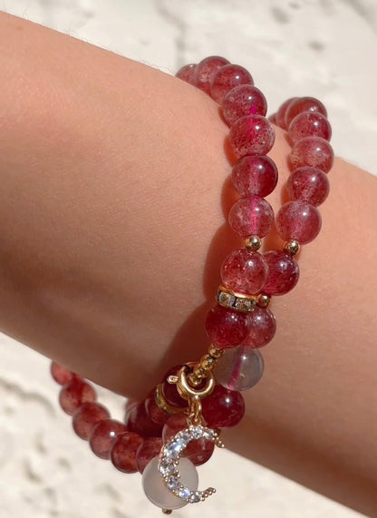 Natural Strawberry Quartz Double-Wrap Beaded Bracelet