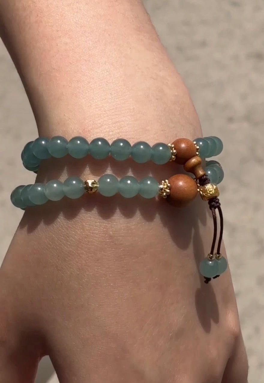 Natural Blue Water Chalcedony (Blue Agate) & Sandalwood Double-Wrap Bracelet