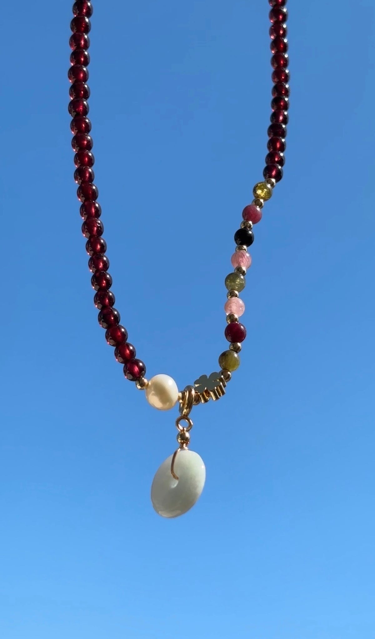 Natural Garnet Double-Wrap Bracelet with Tourmaline & Jade Peace Disc