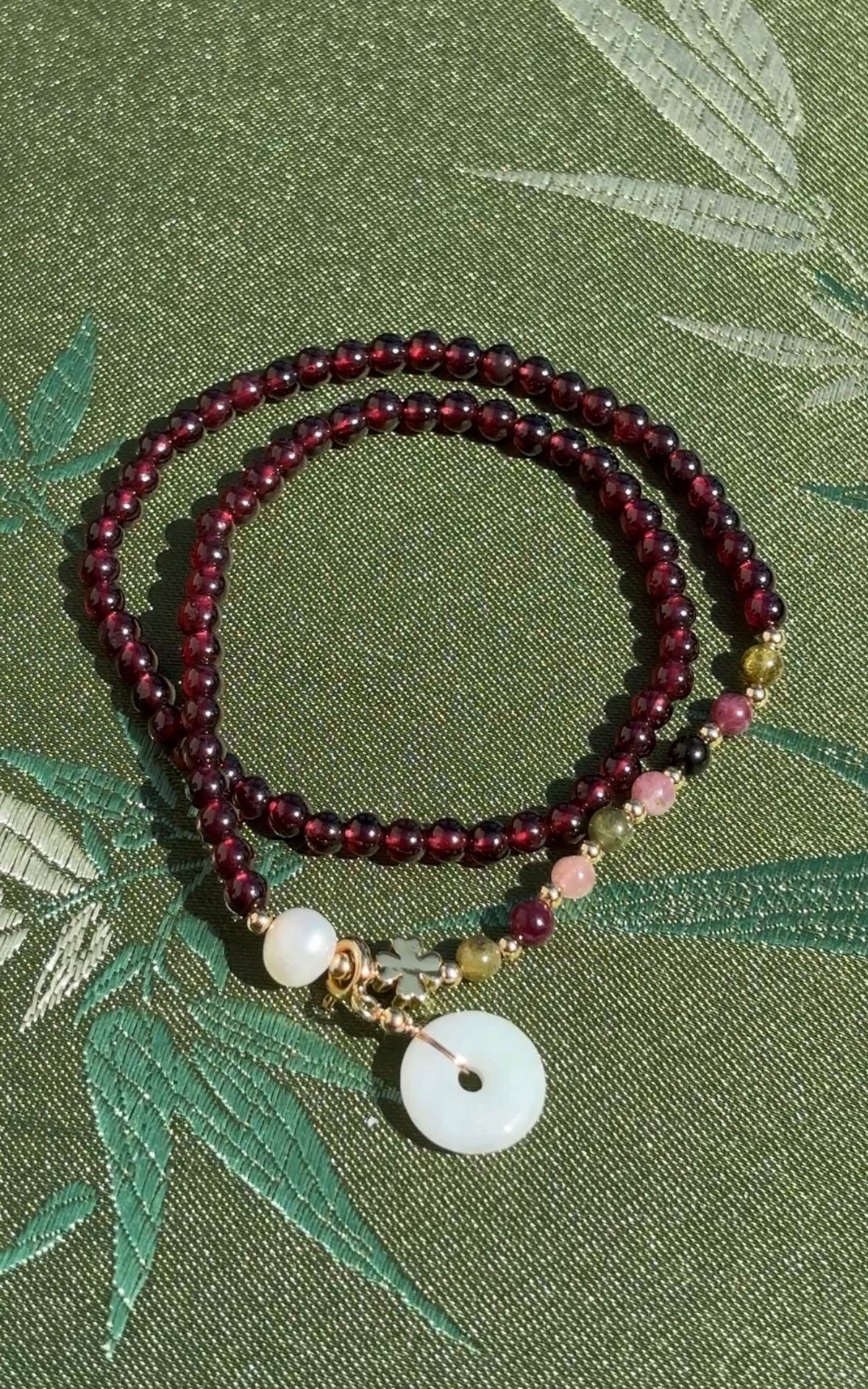 Natural Garnet Double-Wrap Bracelet with Tourmaline & Jade Peace Disc