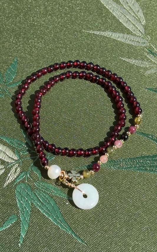 Natural Garnet Double-Wrap Bracelet with Tourmaline & Jade Peace Disc