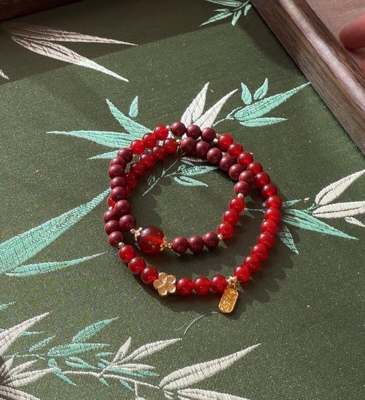 Natural Red Agate & Natural Sandalwood Double-Wrap Beaded Bracelet