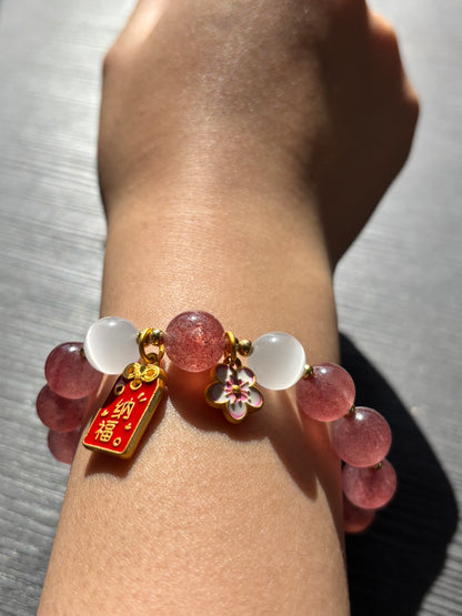 Natural Strawberry Quartz & Natural Moonstone Beaded Stretch Bracelet