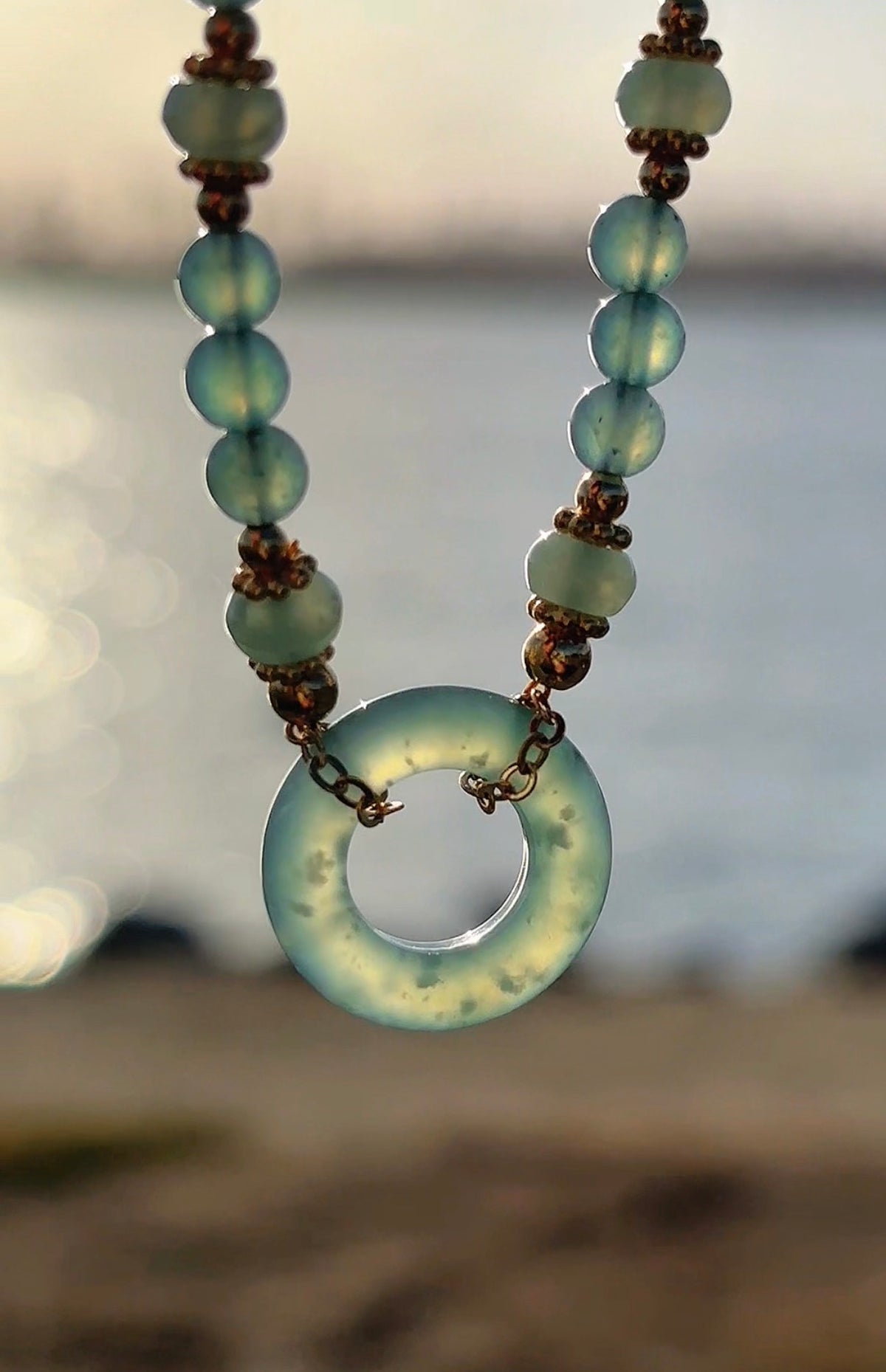 Natural Blue Water Jadeite Beaded Bracelet with Peace Buckle