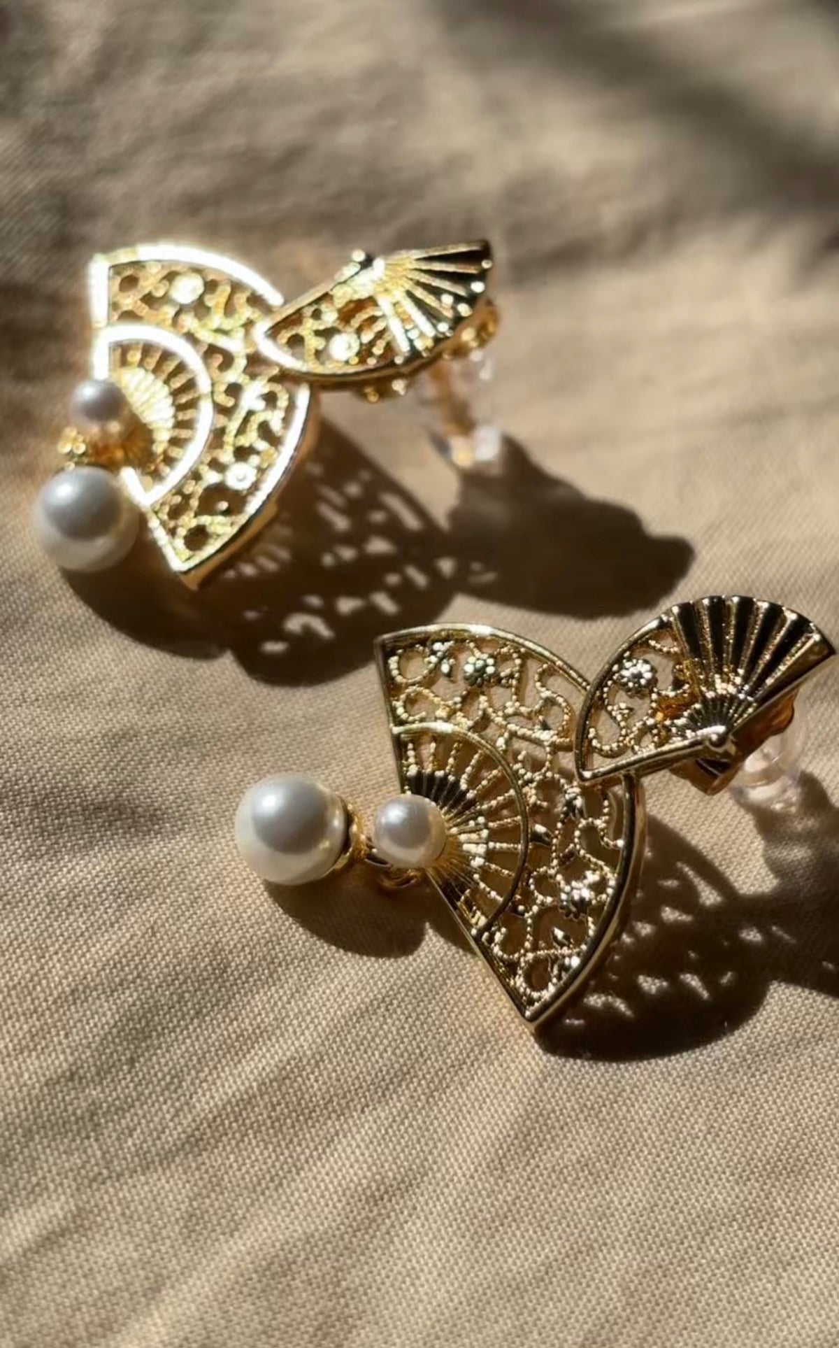 18K Gold-Plated Double Fan Imitation Pearl Dangle Earrings