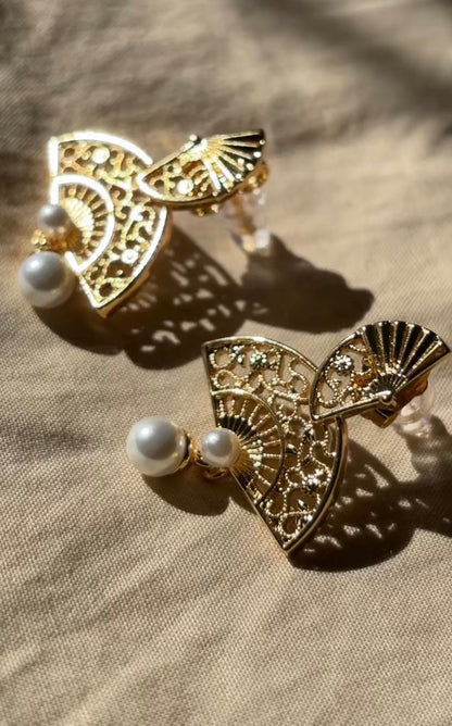 18K Gold-Plated Double Fan Imitation Pearl Dangle Earrings