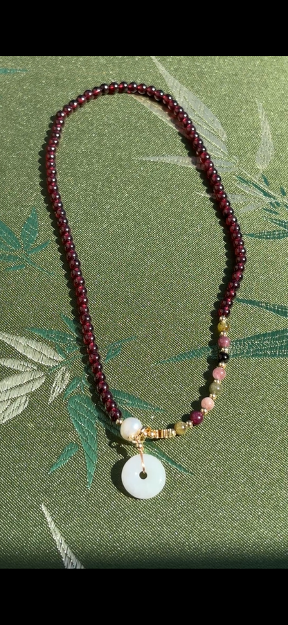 Natural Garnet Double-Wrap Bracelet with Tourmaline & Jade Peace Disc