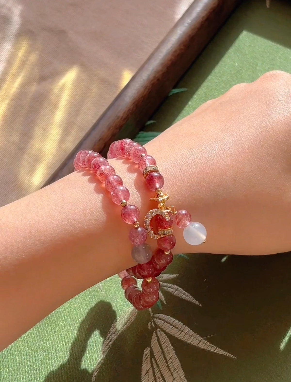 Natural Strawberry Quartz Double-Wrap Beaded Bracelet