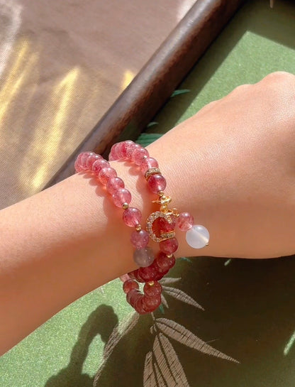 Natural Strawberry Quartz Double-Wrap Beaded Bracelet