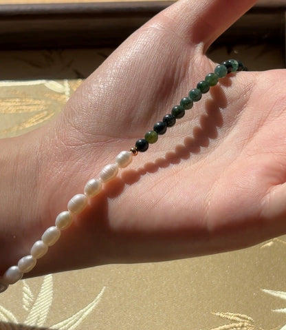 Natural Moss Agate & Freshwater Cultured Pearls Beaded Bracelet