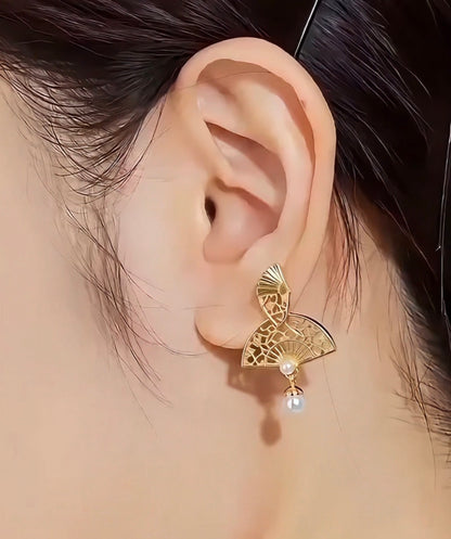 18K Gold-Plated Double Fan Imitation Pearl Dangle Earrings