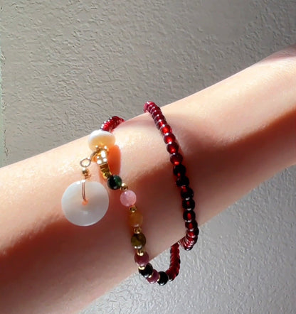 Natural Garnet Double-Wrap Bracelet with Tourmaline & Jade Peace Disc