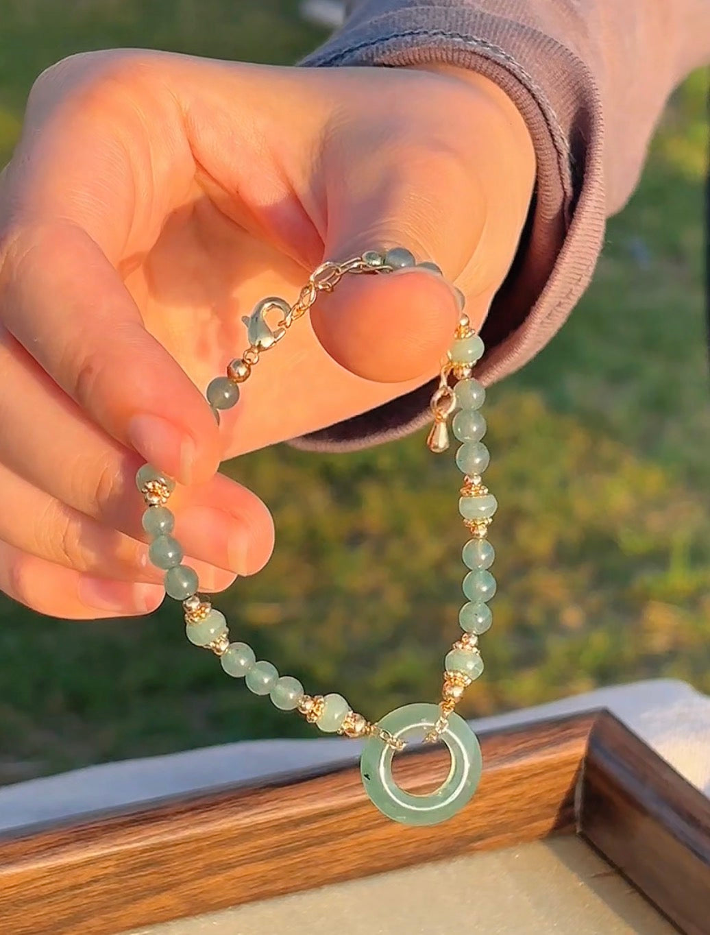 Natural Blue Water Jadeite Beaded Bracelet with Peace Buckle
