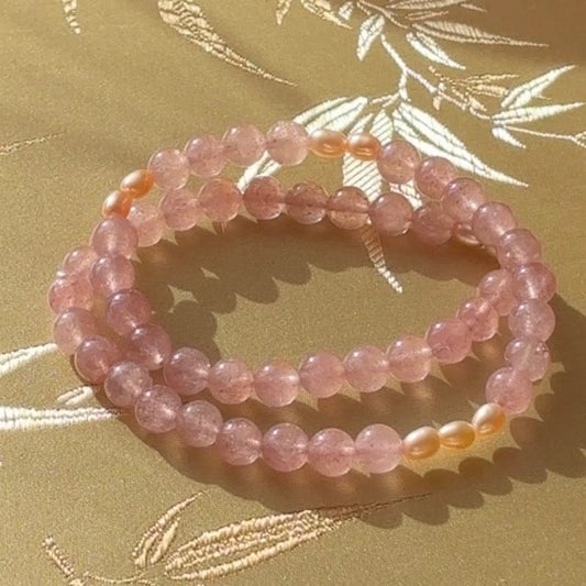 Natural Strawberry Quartz & Freshwater Cultured Pearls Double-Wrap Bracelet
