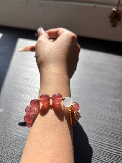 Natural Strawberry Quartz & Natural Moonstone Beaded Stretch Bracelet