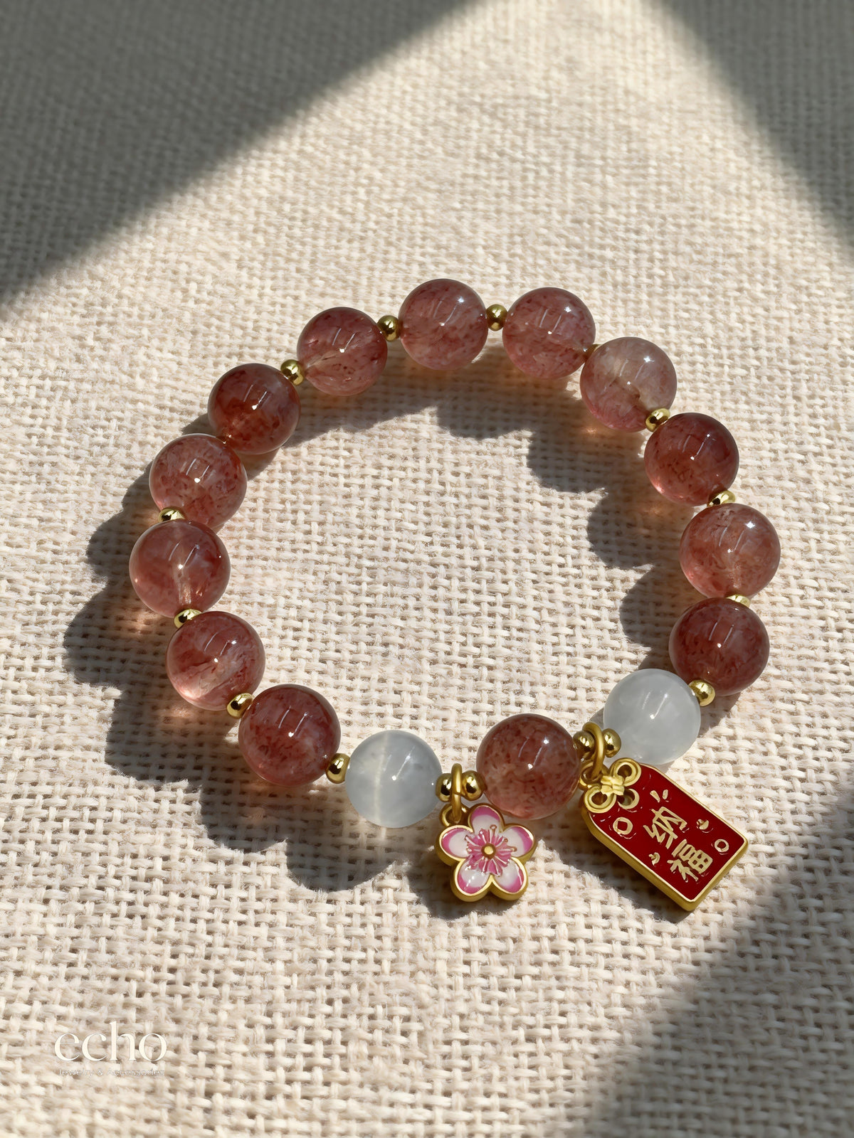 Natural Strawberry Quartz & Natural Moonstone Beaded Stretch Bracelet