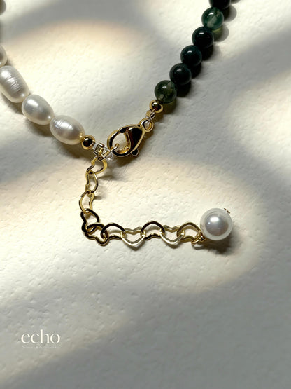 Natural Moss Agate & Freshwater Cultured Pearls Beaded Bracelet
