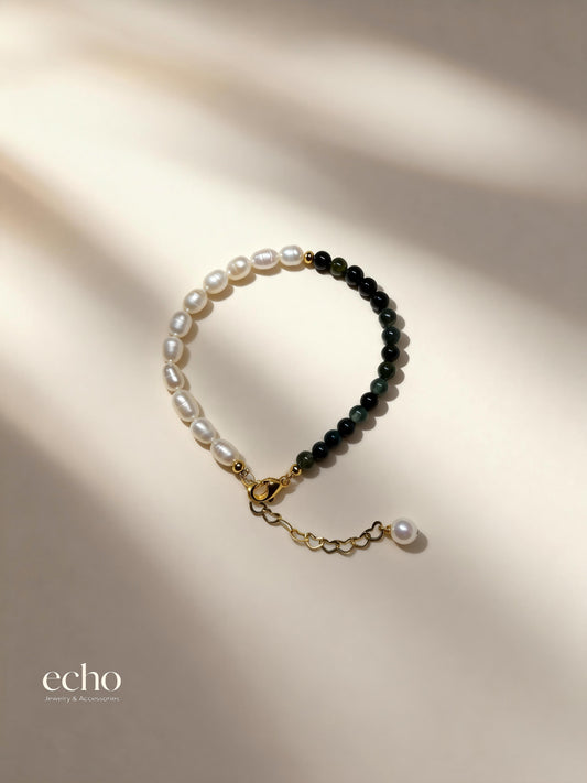 Natural Moss Agate & Freshwater Cultured Pearls Beaded Bracelet