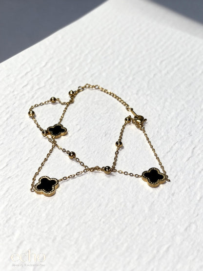 Black Enamel Four-Leaf Clover Anklet – 18K Gold Plated