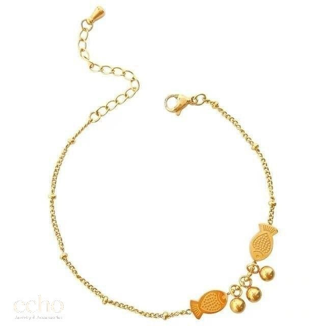 18K Gold Plated Engraved Fish Charm Anklet
