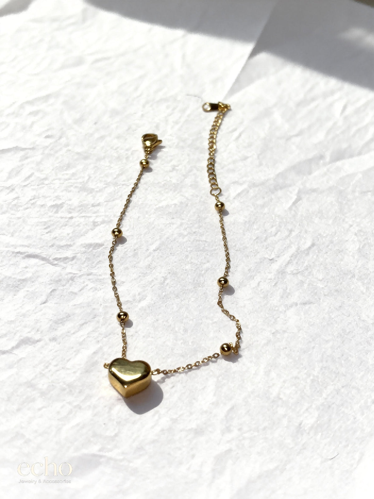 18K Gold-Plated Puffy Heart Beaded Anklet
