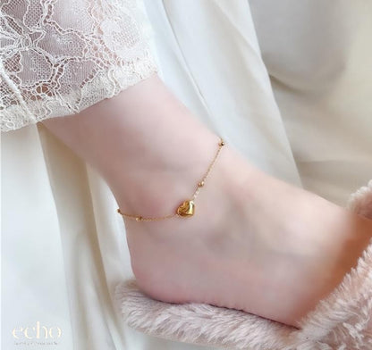 18K Gold-Plated Puffy Heart Beaded Anklet